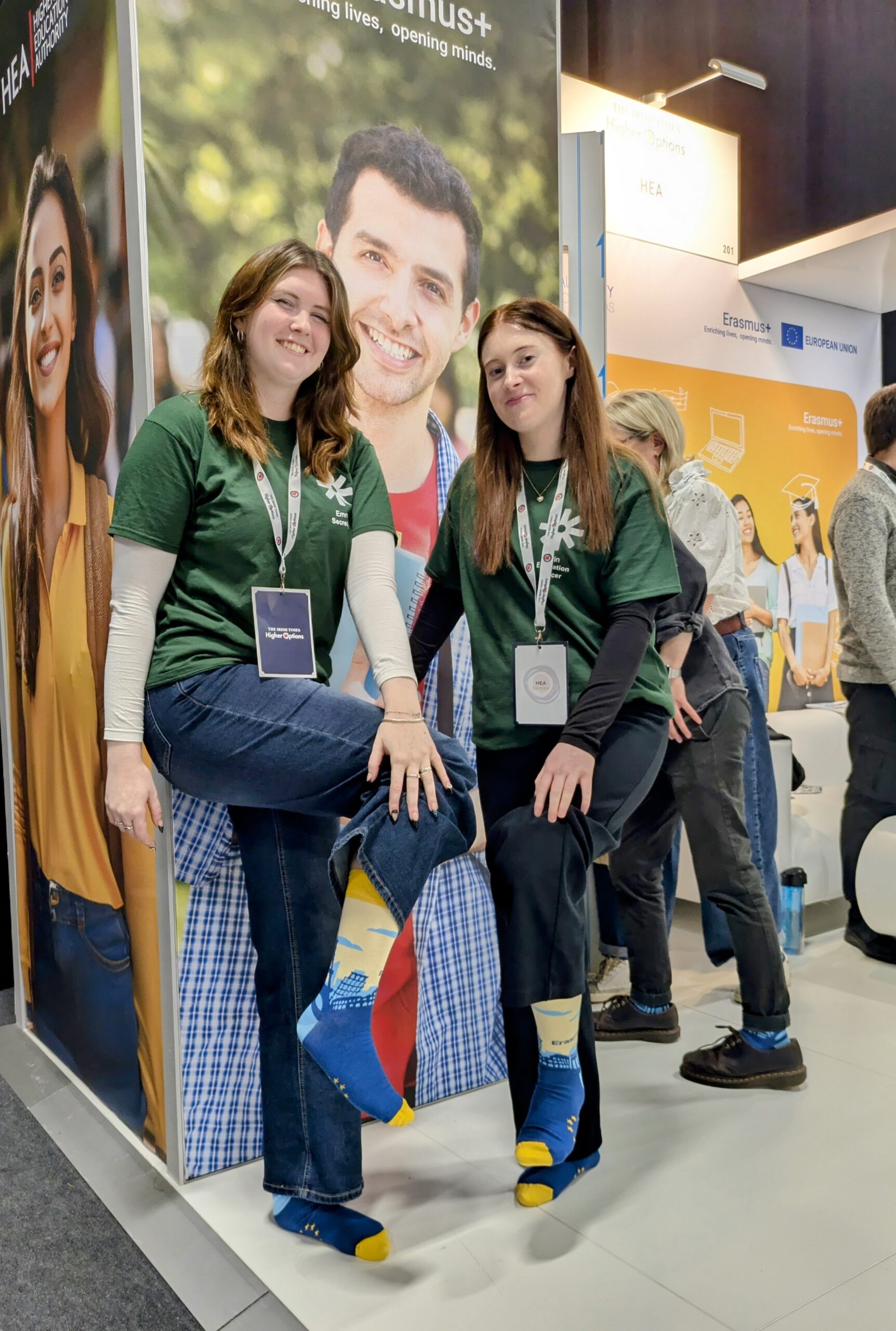 Emma D’Arcy and Erin Grealis from ESN modelling our Erasmus+ socks