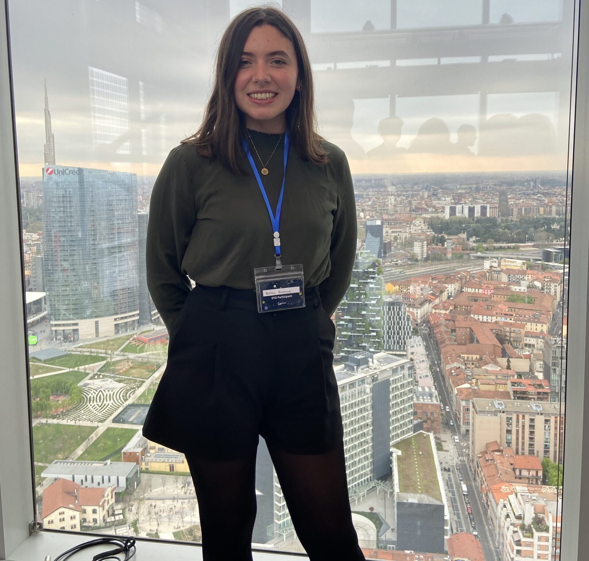 Bláithín on the 40th floor of Palazzo Lombardia, Milan, where the European Youth Debate was held