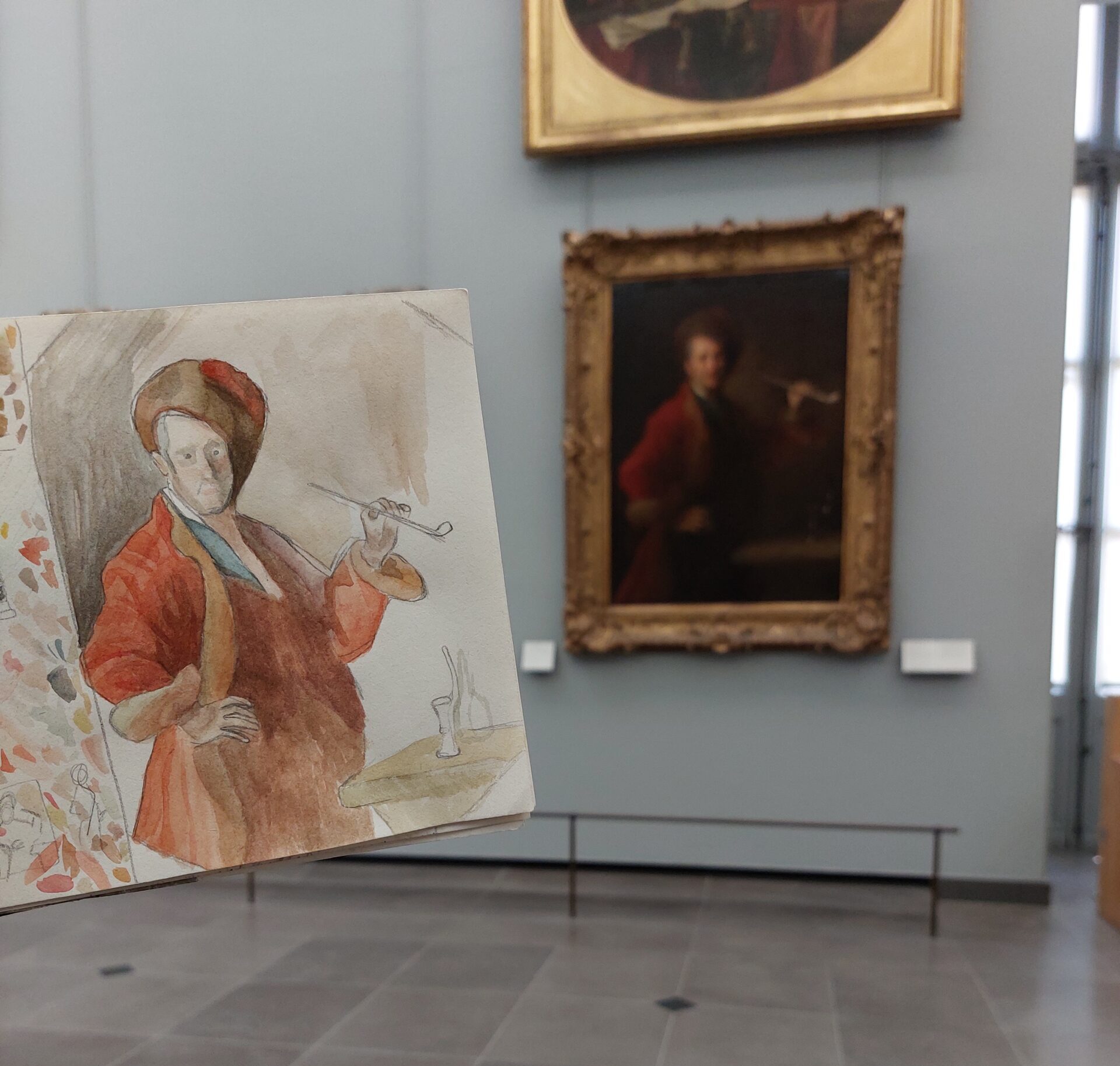 An unfinished watercolour of the ‘Portrait of a man in Polish costume holding a pipe’ in the Louvre.