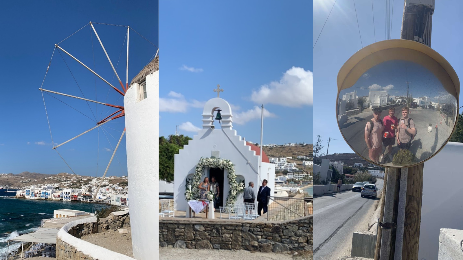 Left: Mykonos town. Middle: Wedding in a tiny chapel, Mykonos. Right: The three Irishmen.