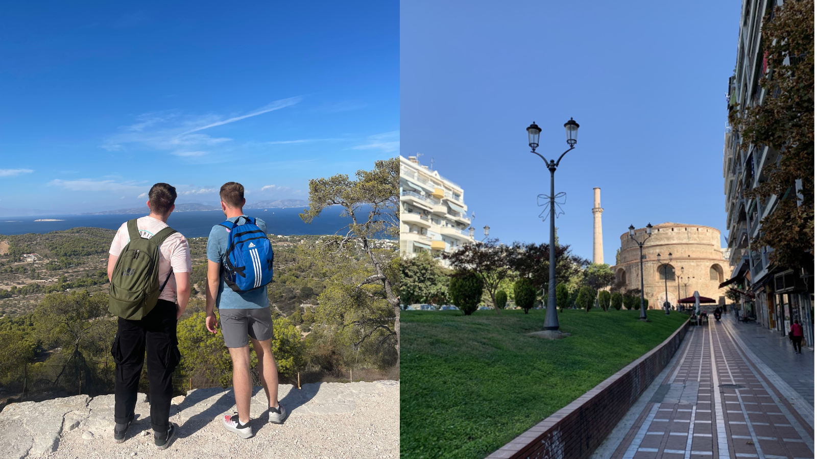 Right: Hiking in Aegina. Left: Thessaloniki.
