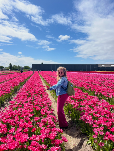 Paula in a field of tulips